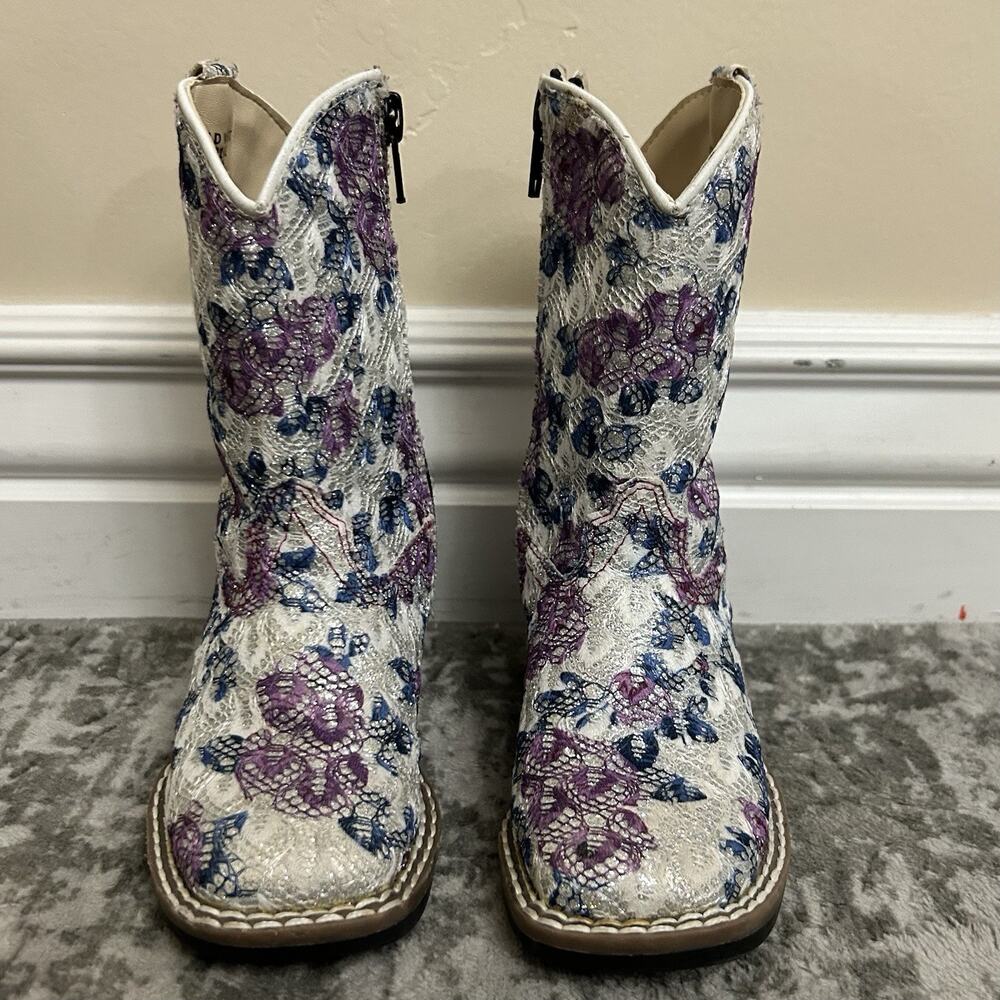 Old West Western Boots Girls Toddler Size 7.0-D Child Floral Sparkle Square Toe - Picture 3 of 12